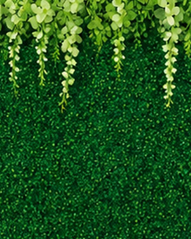 Boxwood greenery with trailing vines backdrop.