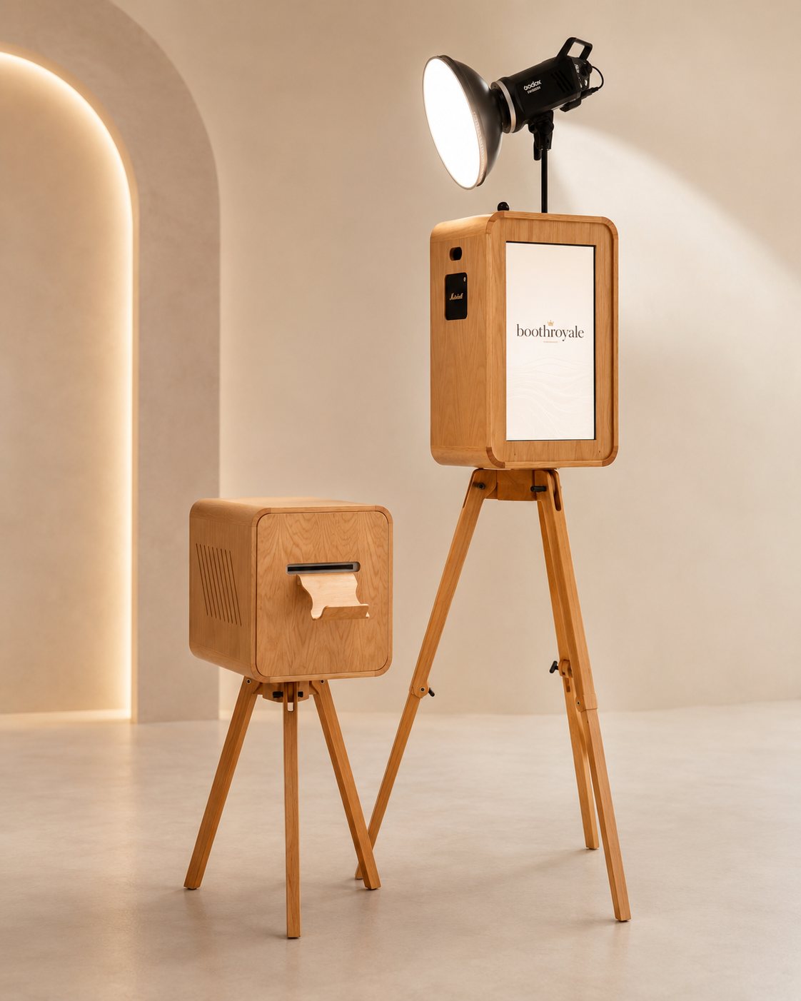 The Booth Royale camera tower and print station standing together, studio strobe glowing overhead.