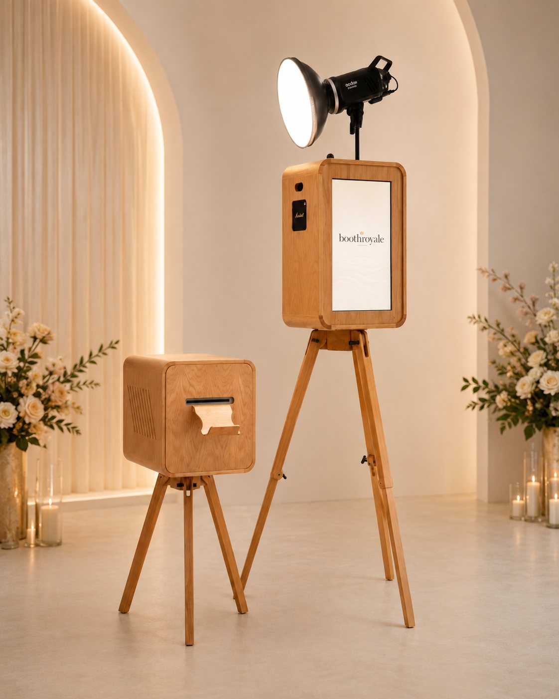 Wide view of the booth in a candlelit room with cream florals and arched alcoves.