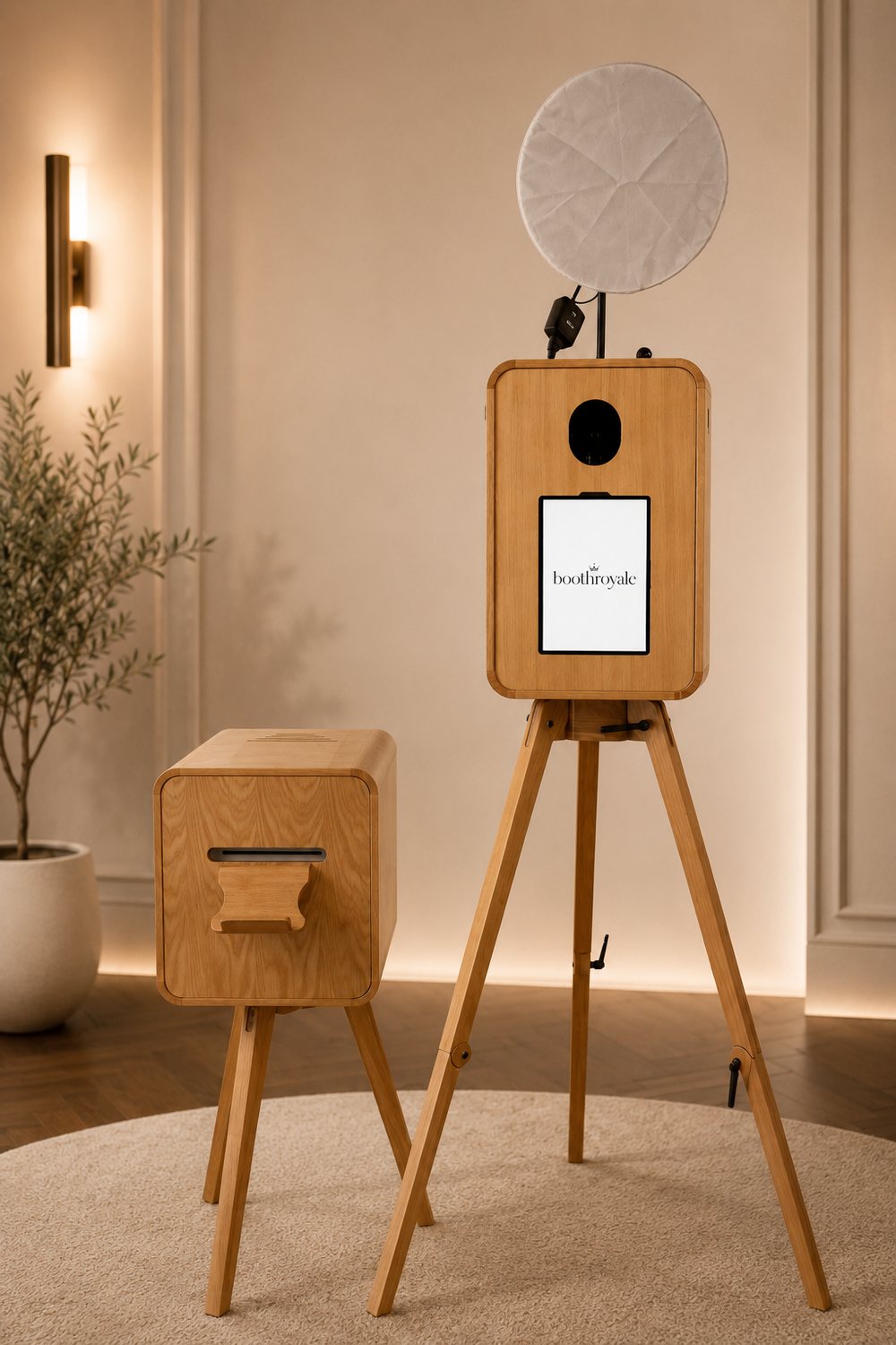 The oak booth with its round diffuser light and matching print station in a warm evening room, screen showing the boothroyale mark.