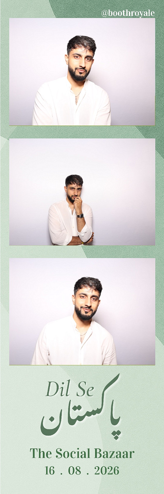 A Booth Royale photo strip: three frames of a guest in a white kurta on the Dil Se Pakistan event template.