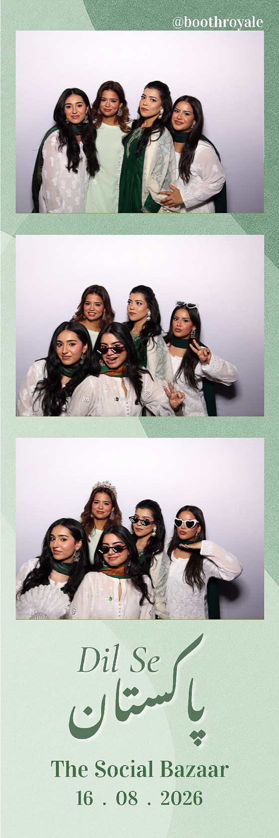 A Booth Royale photo strip: four guests together with novelty sunglasses, a crown and Pakistan flags.